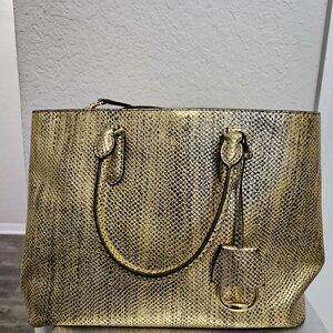 Ralph Lauren gold/blk leather large handbag, extra strap incl, pre-owned